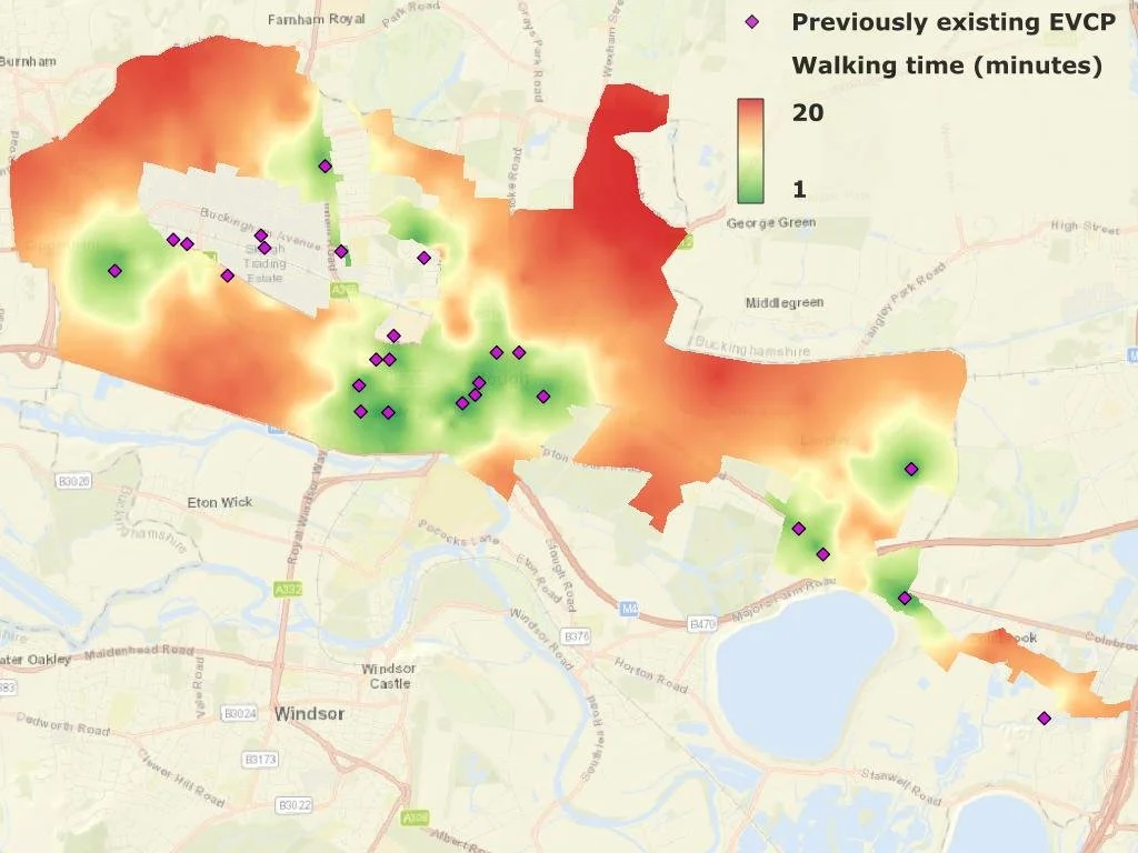Baseline EV charging point coverage: low 5-minute walking access with existing charging points.