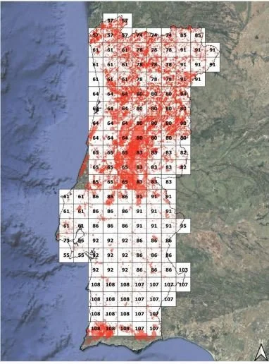 Location of fire occurences in Portugal between 1979 and 2019, over Fire Weather Index Values