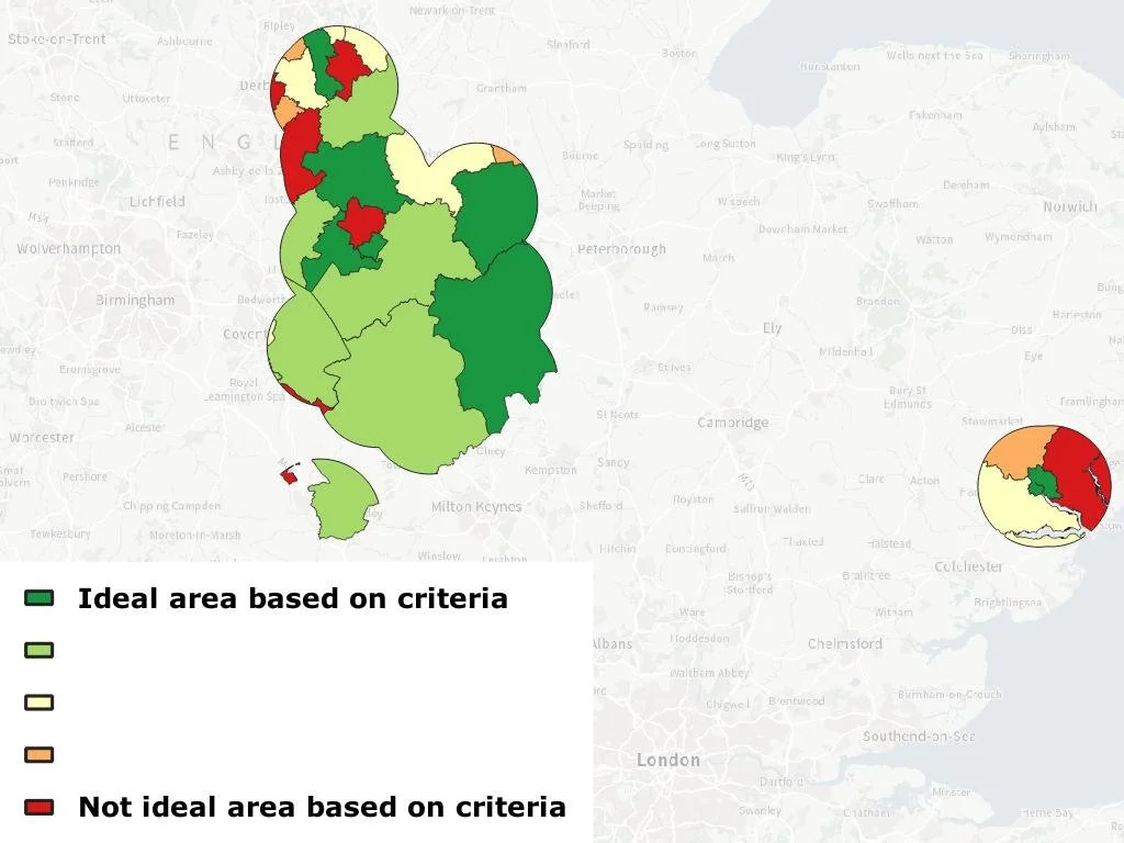 Suitable locations to buy a house, based on average house price, prosperity index criteria, and distance to the nearest train station.
