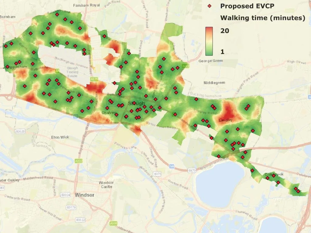 Baseline EV charging point coverage: high 5-minute walking access with proposed new charging points.