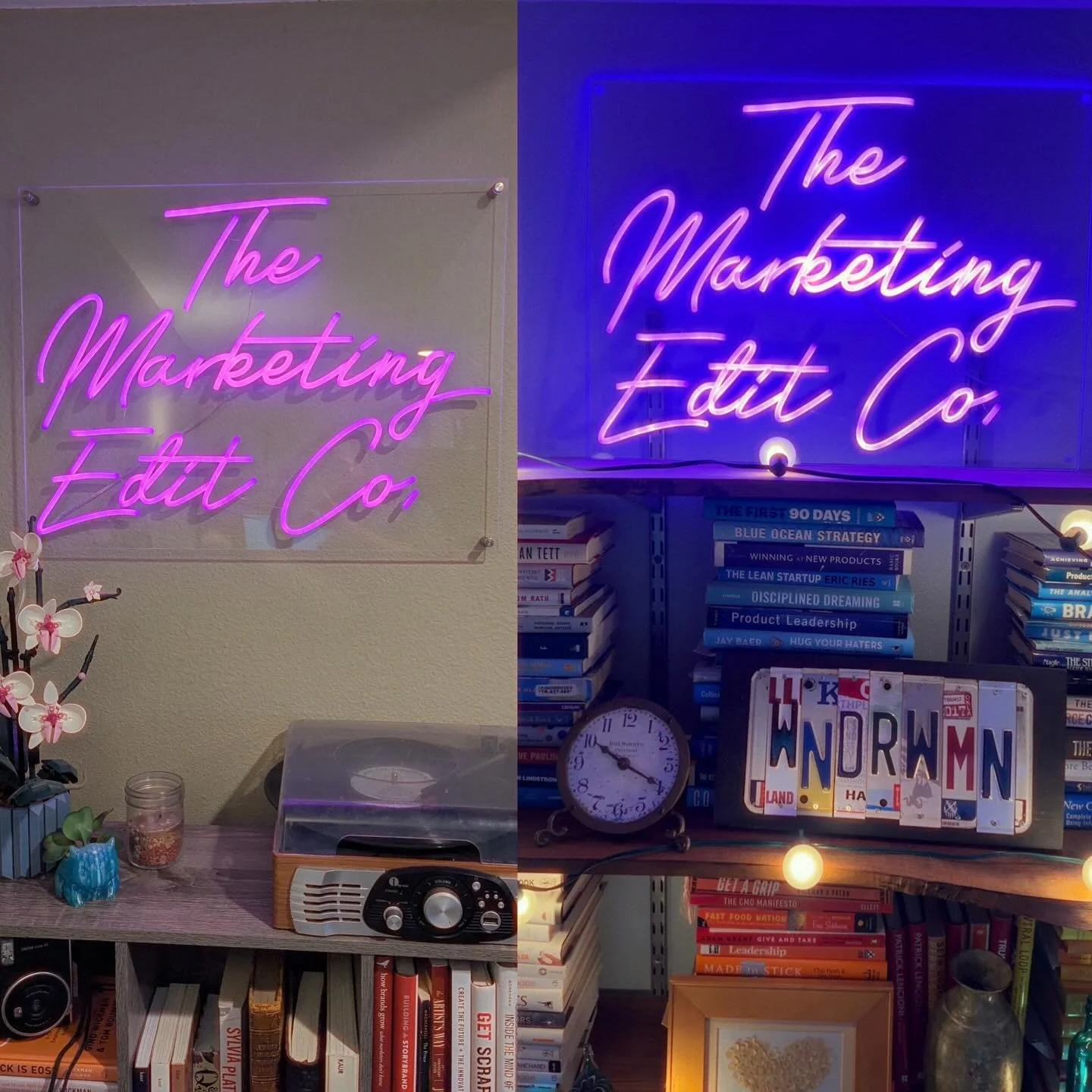 New office decor for our writing spaces (Sam&rsquo;s on Left and Milissa&rsquo;s on Right)! The sign, of course, had to be pink! Manifesting all sorts of opportunities.