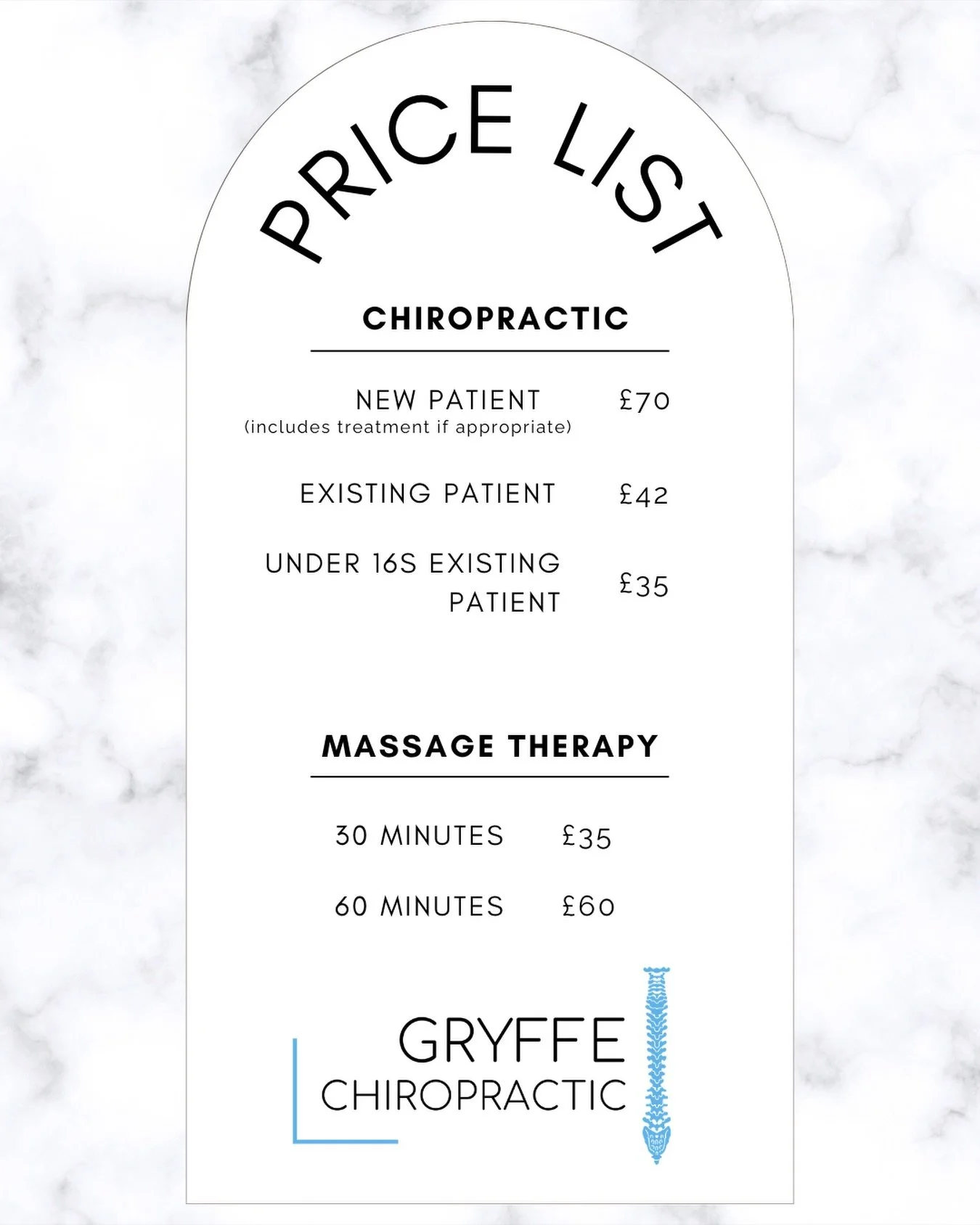 🌟 New price list April 2026 🌟

From April, there will be an increase to our chiropractic treatment prices.

We&rsquo;ve kept our prices the same for several years, but with rising costs across the board it&rsquo;s time for a small increase. 

We&rs