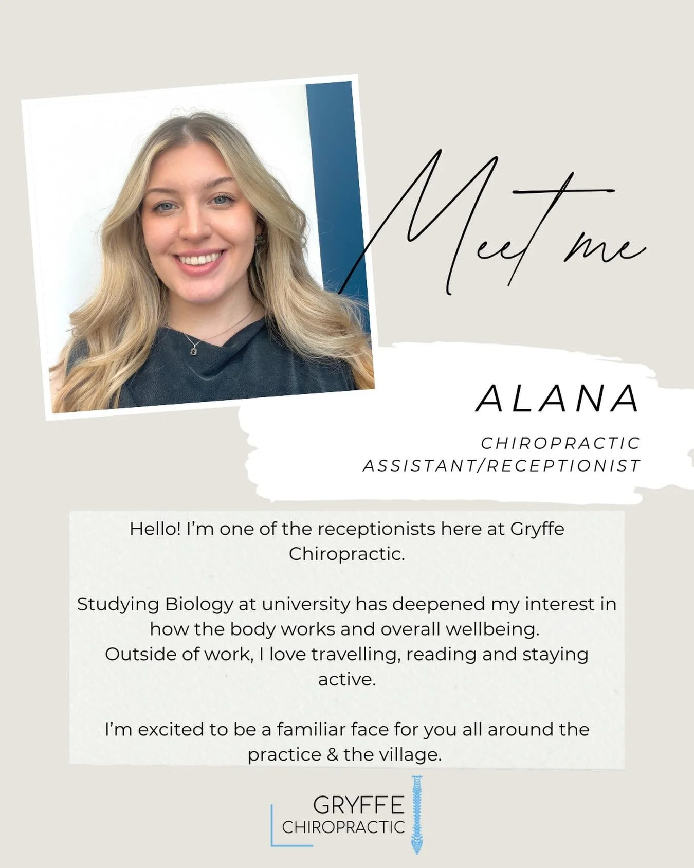 Say hello to Alana! 👋

Alana is our newest team member here at Gryffe Chiropractic. She&rsquo;ll be here a couple of shifts a week to welcome you into the practice 🩶