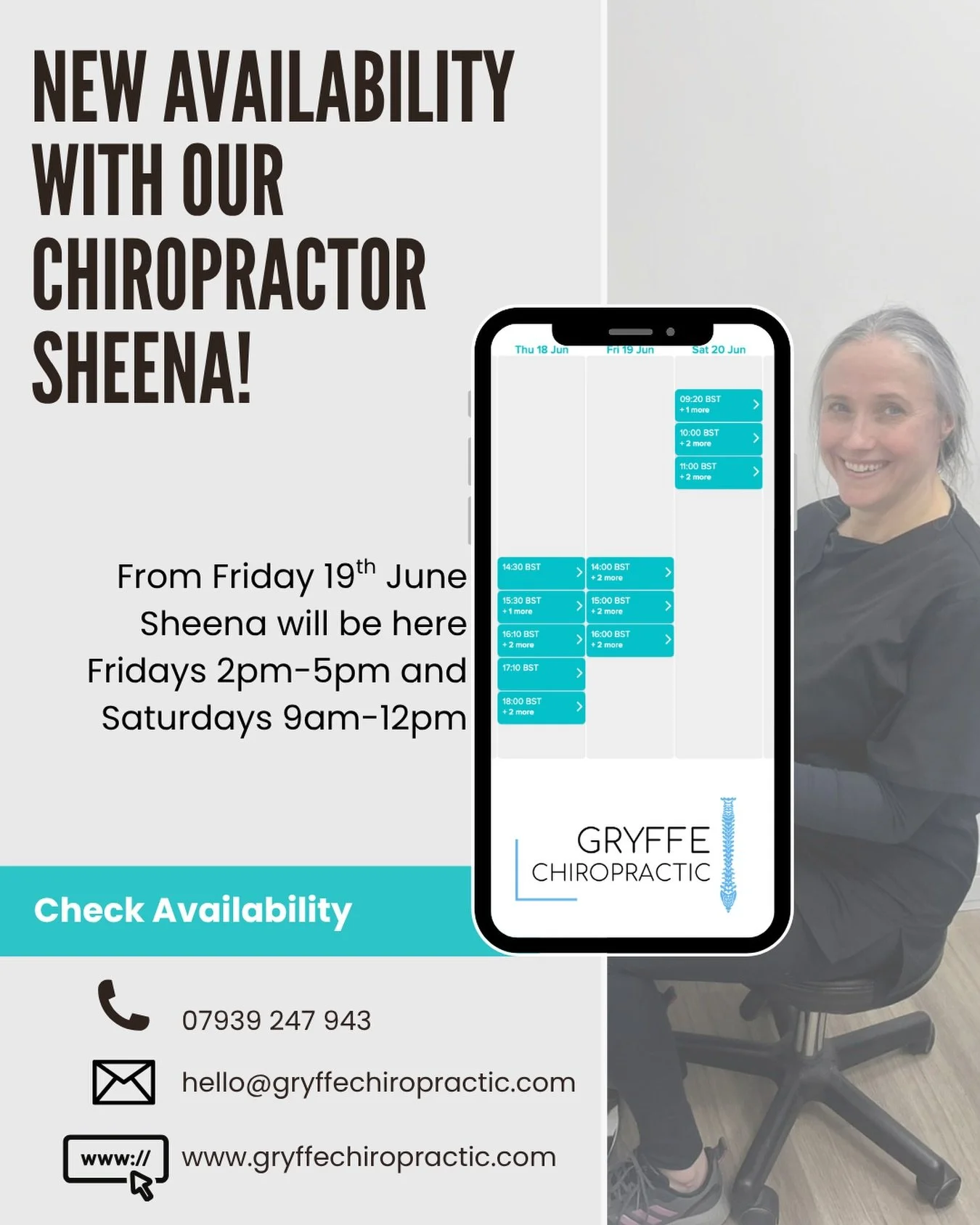 Extra afternoon &amp; weekend availability 🗓️ 

Our lovely chiropractor Sheena is opening up her dairy for some weekend clients! ☺️