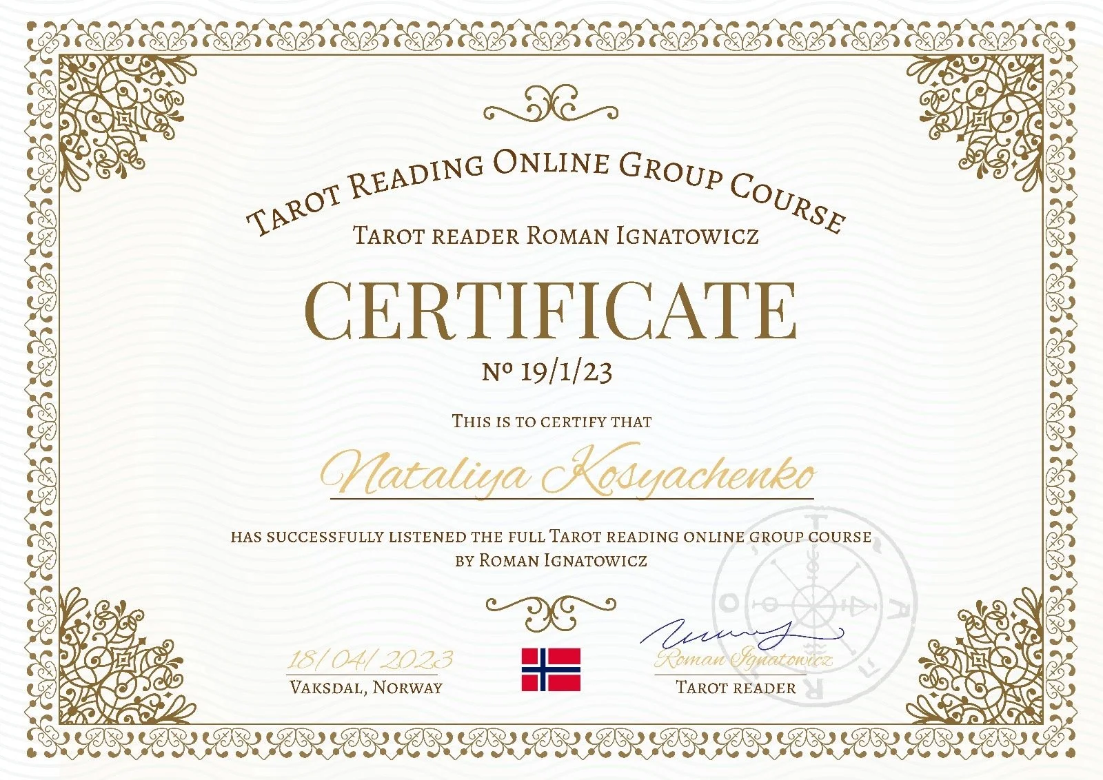 certifcate of tarot reader with Roman Ignatowicz
