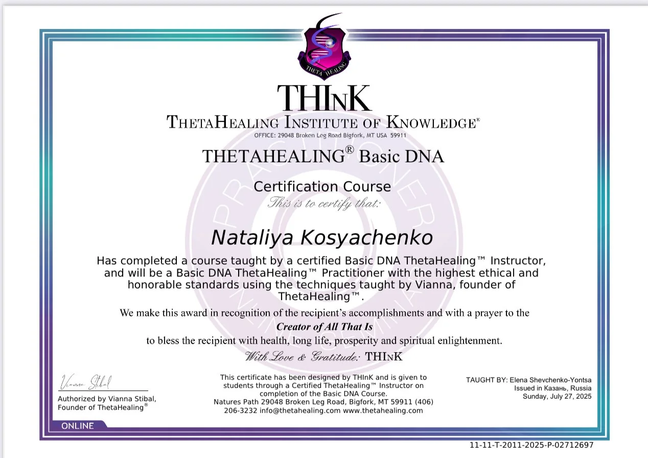 certificate by Theta Healing Insitute of Knowledge as a DNA ThetaHealing Instructor