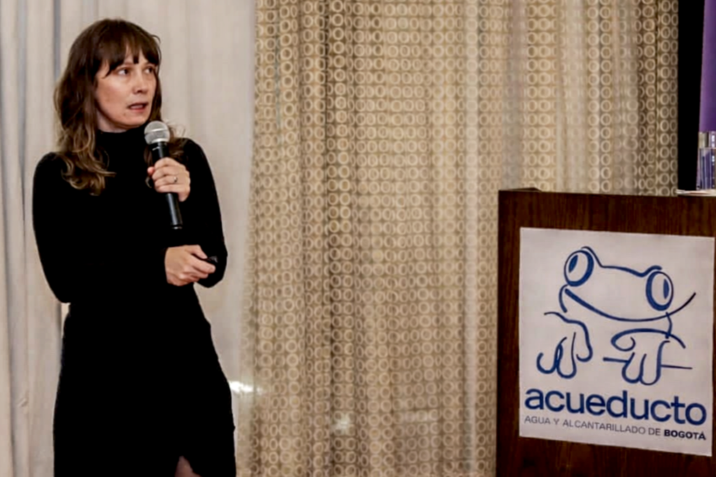 Juana Camacho Otero, asesora estratégica en sostenibilidad y gestión del riesgo, participando como conferencista en un evento del Acueducto de Bogotá sobre regulación ambiental.