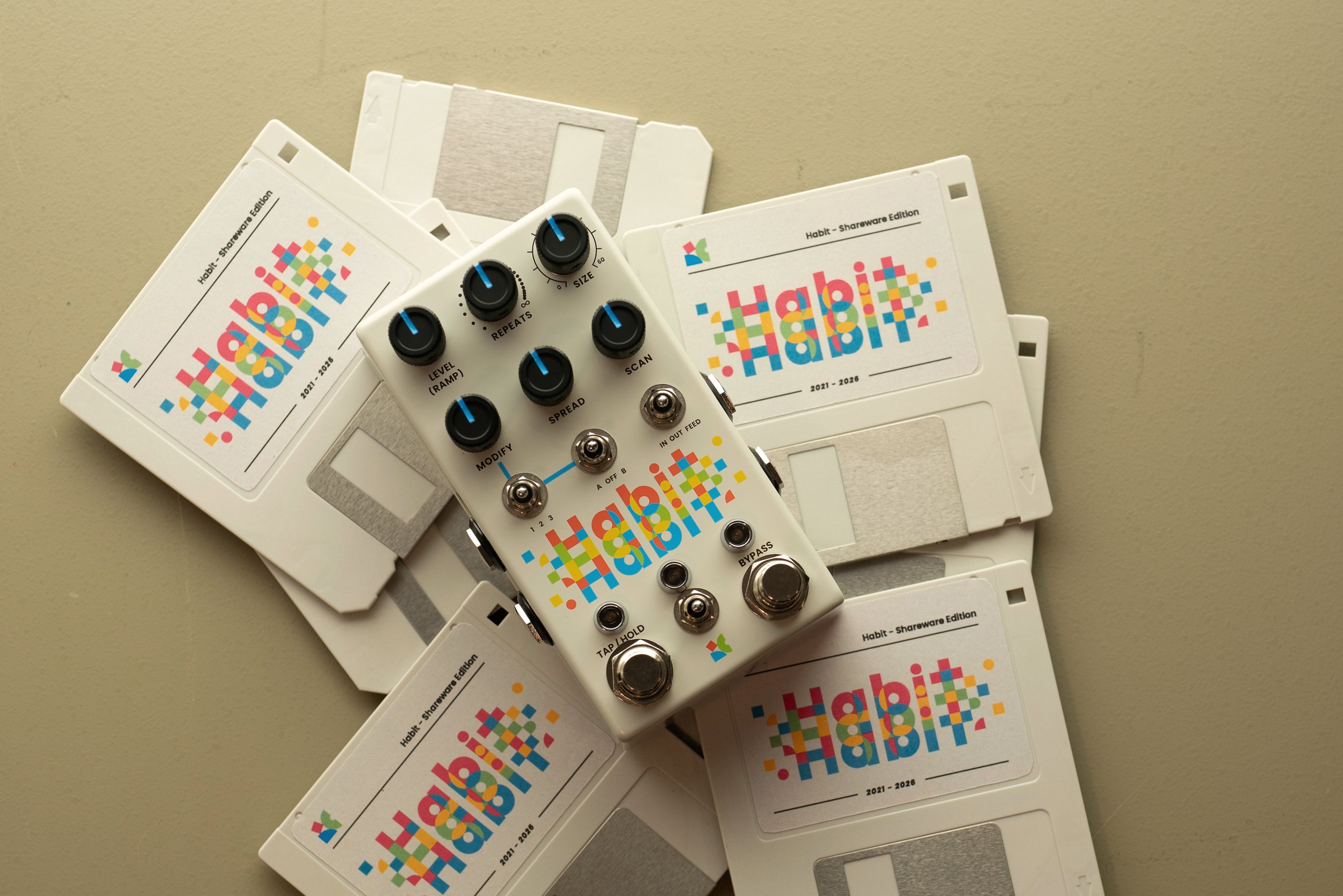 Habit "Shareware" edition sitting on top of several floppy disks.