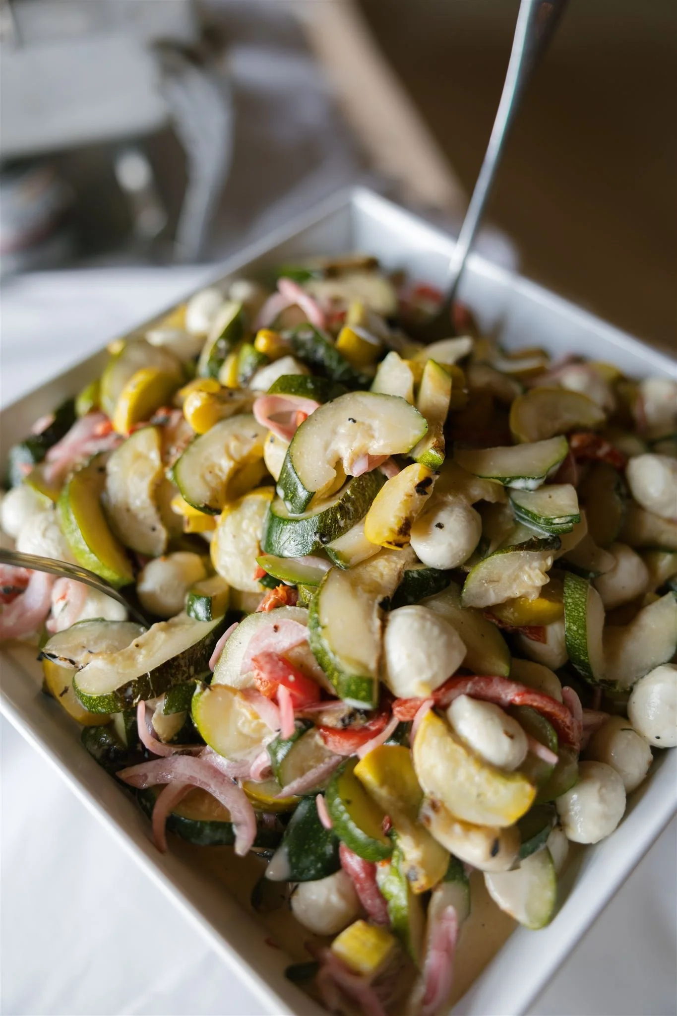 zucchini, summer squash, pickled onion, salad.