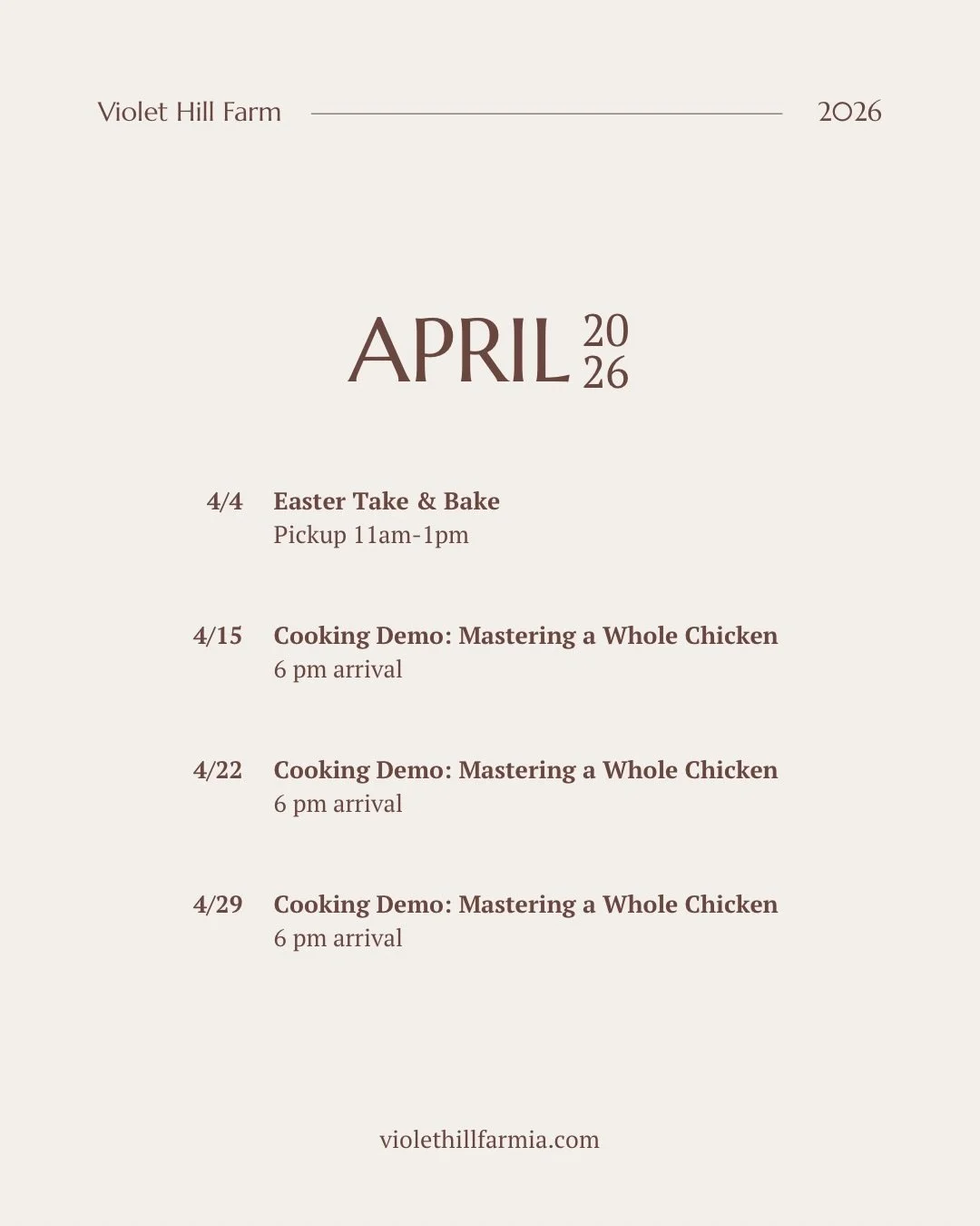 April events at VHF are here! 🌸

Easter Take &amp; Bake Pickup -  April 4
Let us do the hard work this Easter! Pre-order your Take &amp; Bake and enjoy a stress-free celebration at home.
Orders close March 28.

Mastering a Whole Chicken Cooking Clas