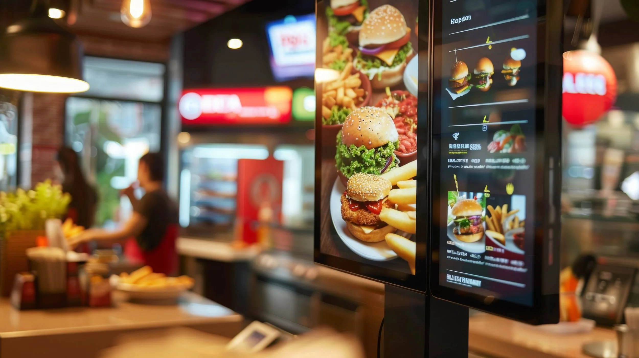 Digital menu screen showing images of fast food like burgers, fries, and chicken sandwiches inside a restaurant with a blurred background of customers and interior decor.