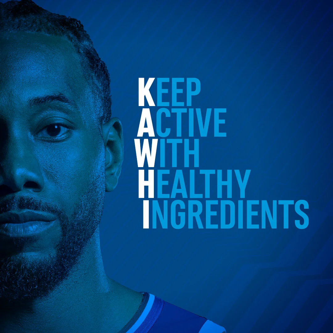 X2 Energy organic social ad for beverage campaign featuring NBA All-Star Kawhi Leonard with the message “Keep Active With Healthy Ingredients.”