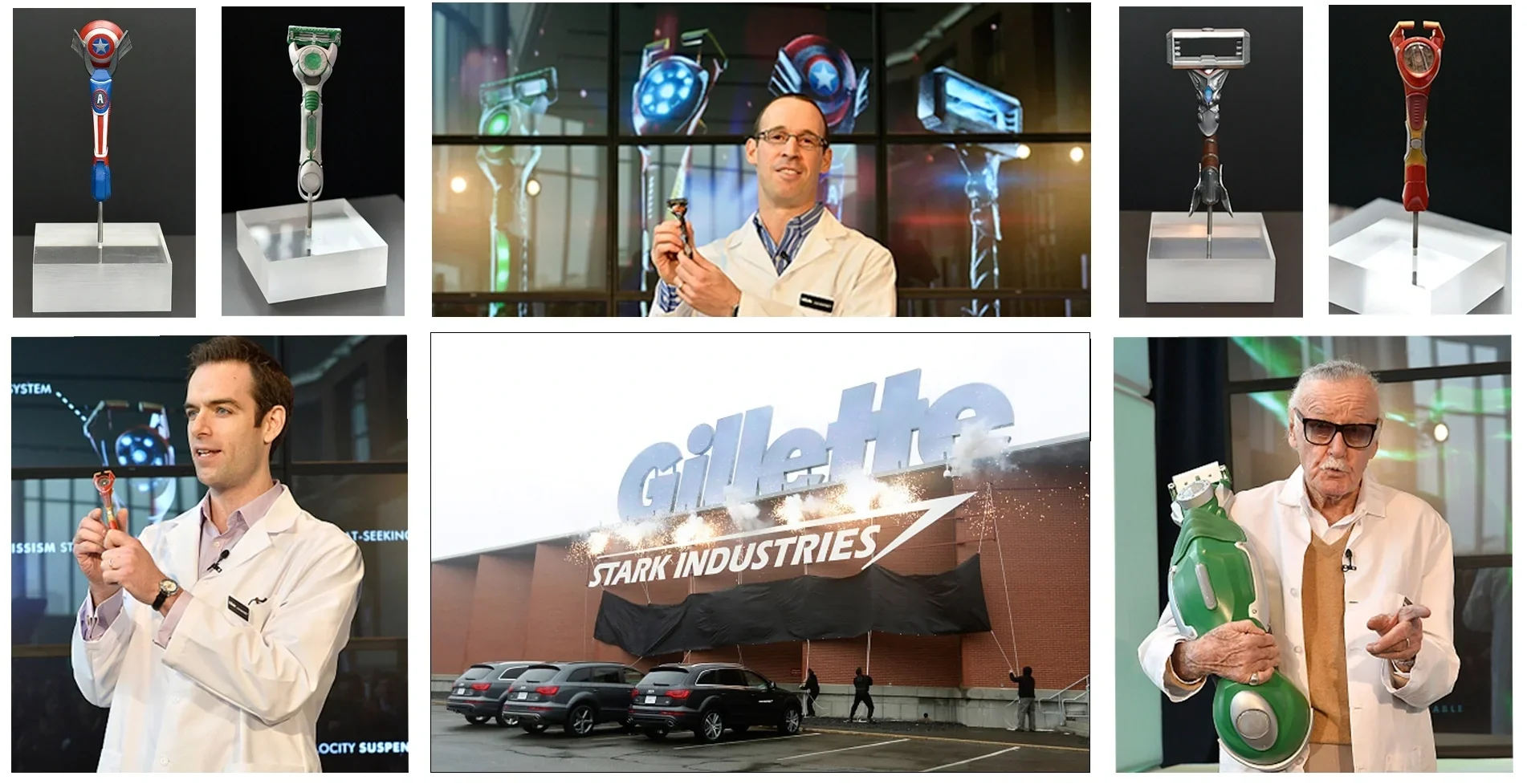 Scenes from Gillette's Stark Industries takeover at company headquarters, featuring Avengers-inspired prottype razors on display, Gillette scientists presenting the designes, the Gillette building rebranded with Stark Industries signage, and Stan Lee