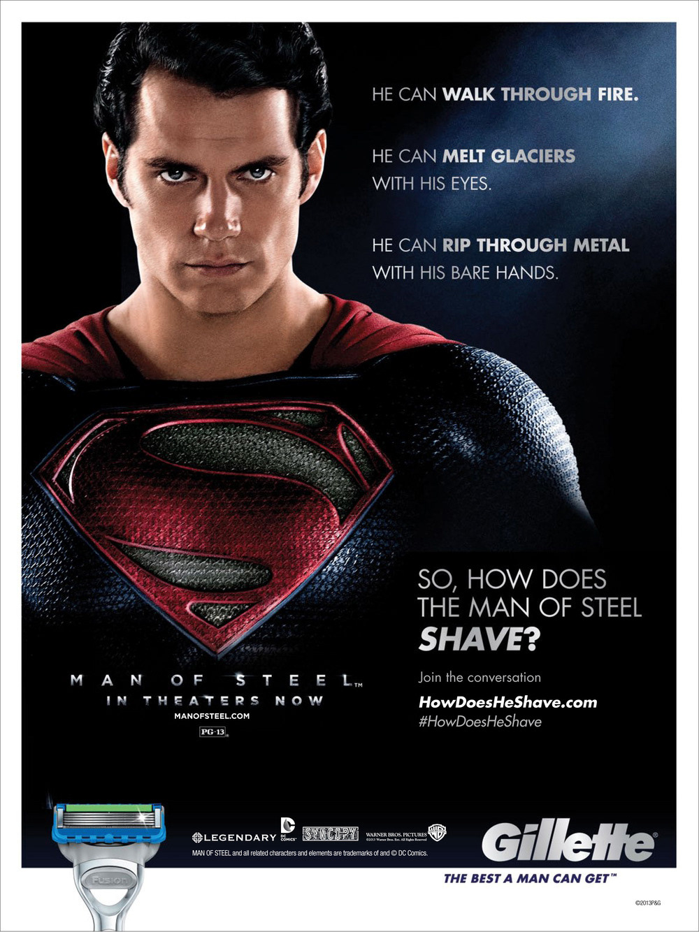 Entertainment marketing print ad for Gillette featuring Superman in the “How Does the Man of Steel Shave?” campaign, connecting superhero strength with Gillette shaving innovation.