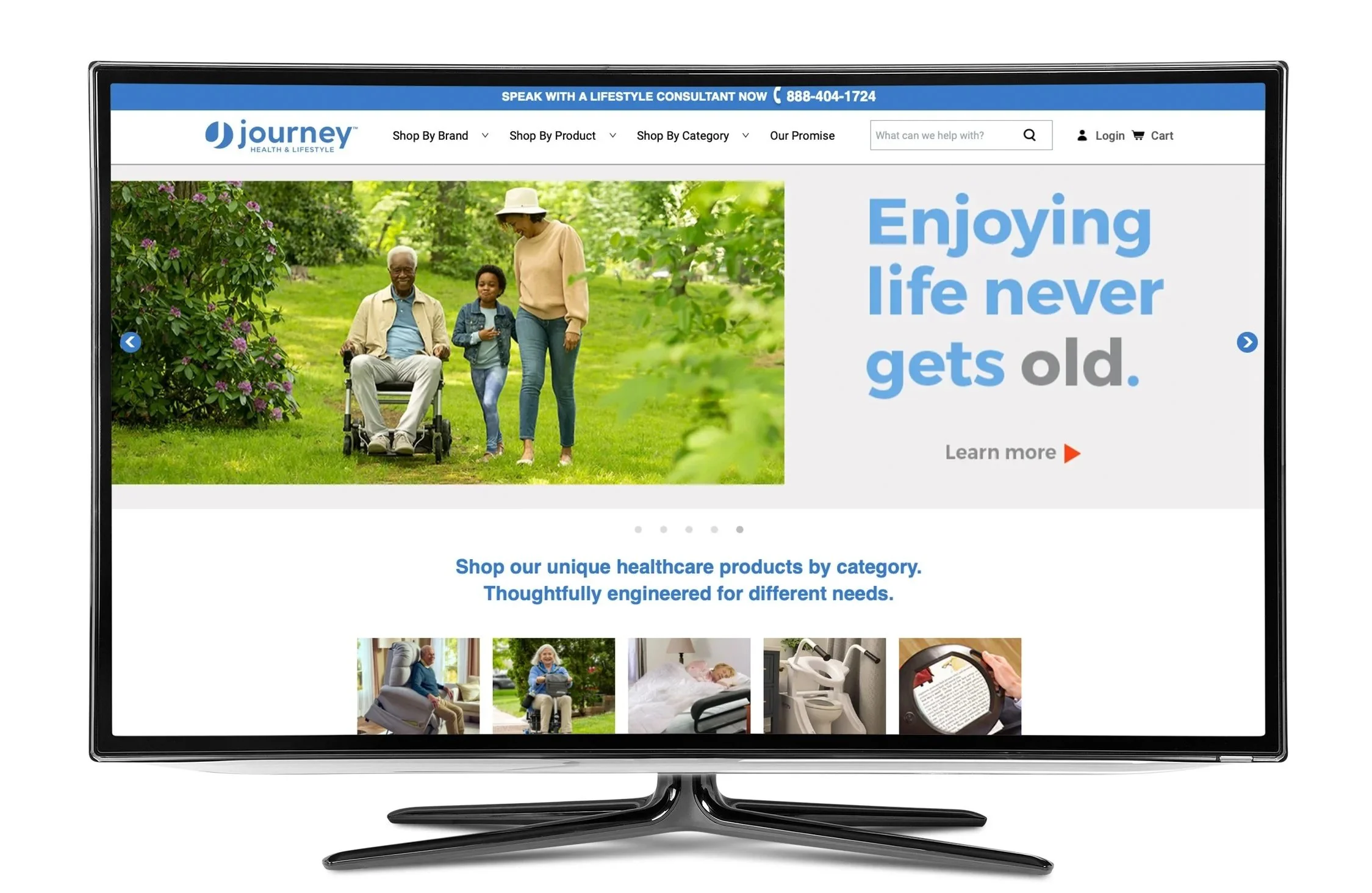 Journey Health & Lifestyle digital storefront built for “Enjoying Life Never Gets Old” brand transformation campaign featuring modern e-commerce site design with lifestyle imagery and product categories.