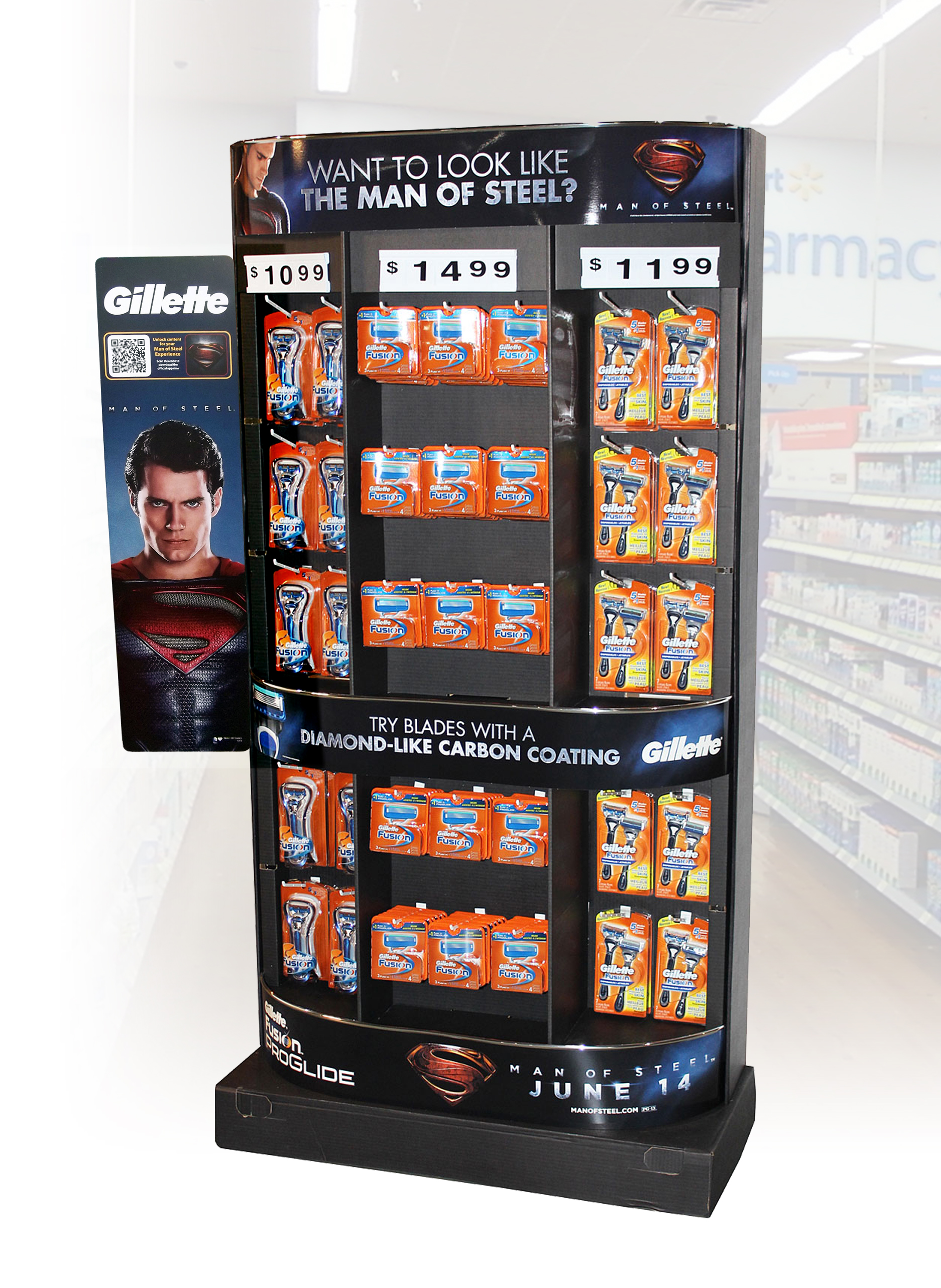 Superman-themed Gillette retail display for the “How Does He Shave?” Man of Steel campaign, showcasing Fusion ProGlide razors and cartridges at Walmart.
