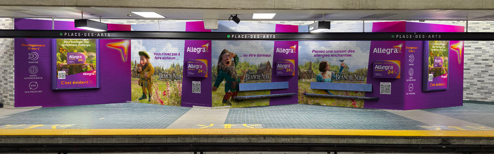 Allegra branded station takeover at Place-des-Arts in Montreal. Large format wall graphics showcase Allegra partnership with Disney's Snow White.