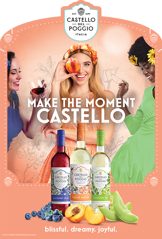 Castello Del Poggio in-store hero display for “Make the Moment Castello” wine brand challenger campaign featuring millennial women enjoying wine and bottles of Blueberry Bliss, Peachy Dreams, and Honeydew Joy.