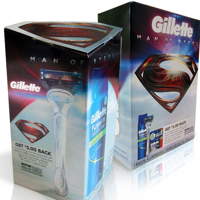 Limited edition Gillette razor packaging for the Man of Steel movie partnership, featuring Superman logo and promotional offer