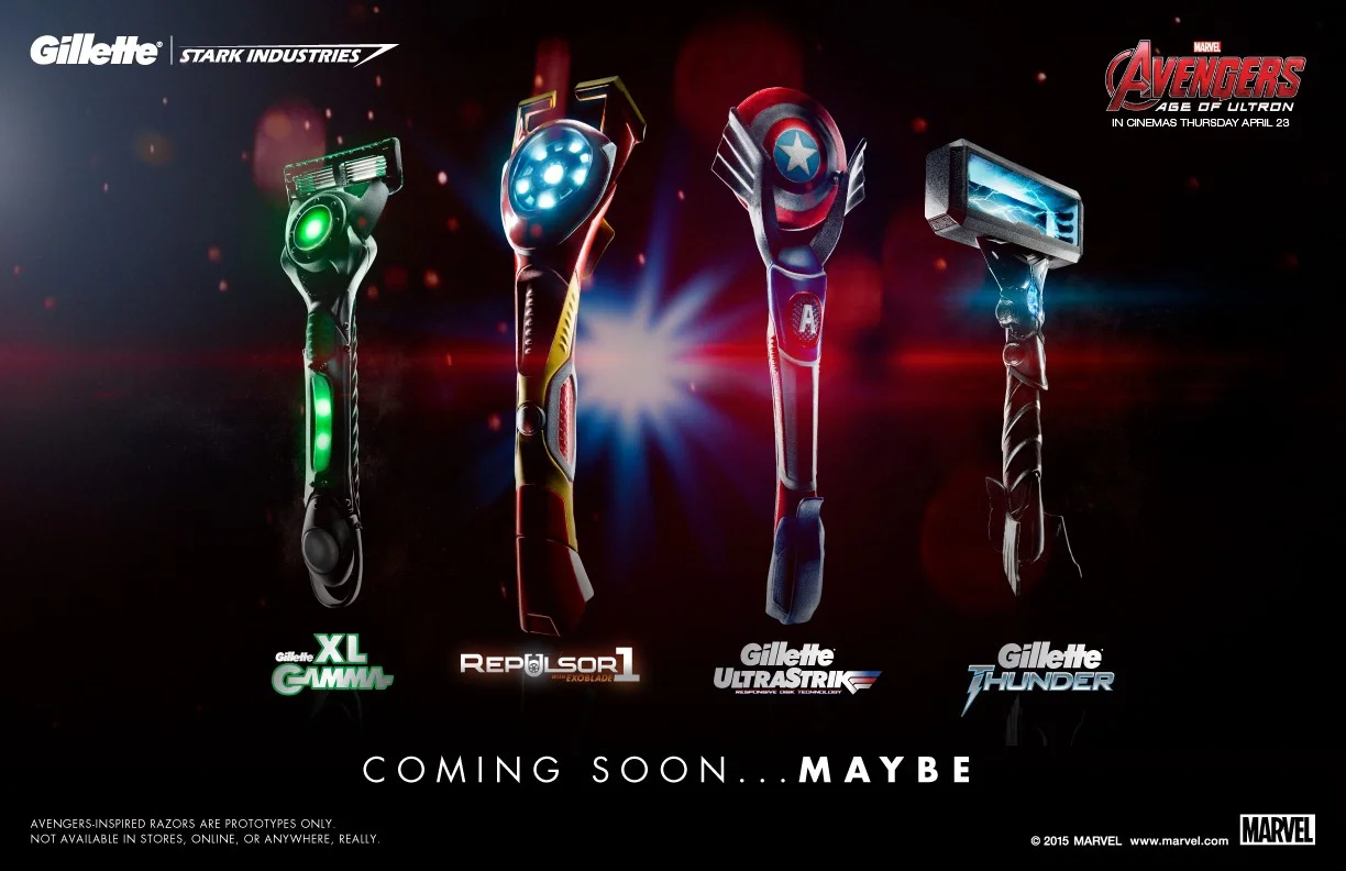 Gillette entertainment partnership campaign with Marvel’s Avengers: Age of Ultron featuring Stark Industries takeover and superhero-inspired prototype razors for Hulk, Iron Man, Captain America, and Thor.