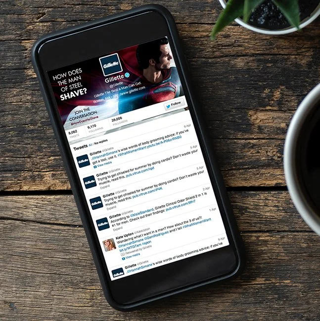 Mobile view of Gillette’s “How Does the Man of Steel Shave?” Twitter feed, aggregating fan tweets and campaign conversations under #HowDoesHeShave.