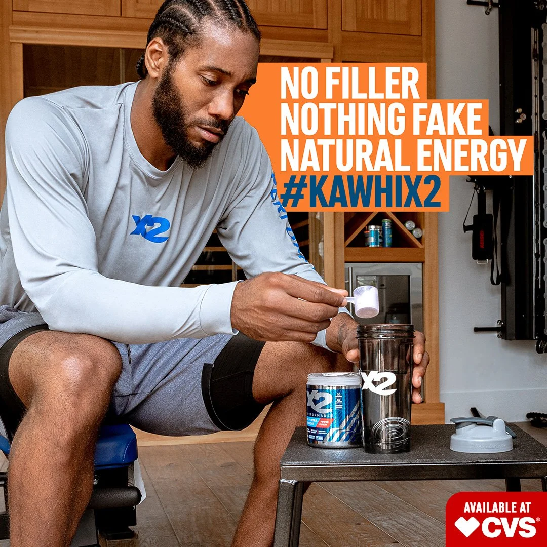 X2 Energy social ad for sports drink activation featuring NBA All-Star Kawhi Leonard mixing X2 supplement with the tagline “No filler. Nothing fake. Natural energy” and retail callout Available at CVS.