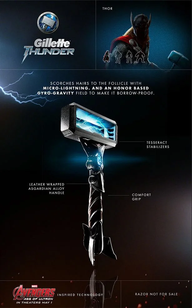 Thor – Gillette Thunder
Gillette entertainment partnership digital ad for Avengers: Age of Ultron featuring Thor-inspired Thunder razor with micro-lightning, Asgardian alloy handle, and tesseract stabilizers.