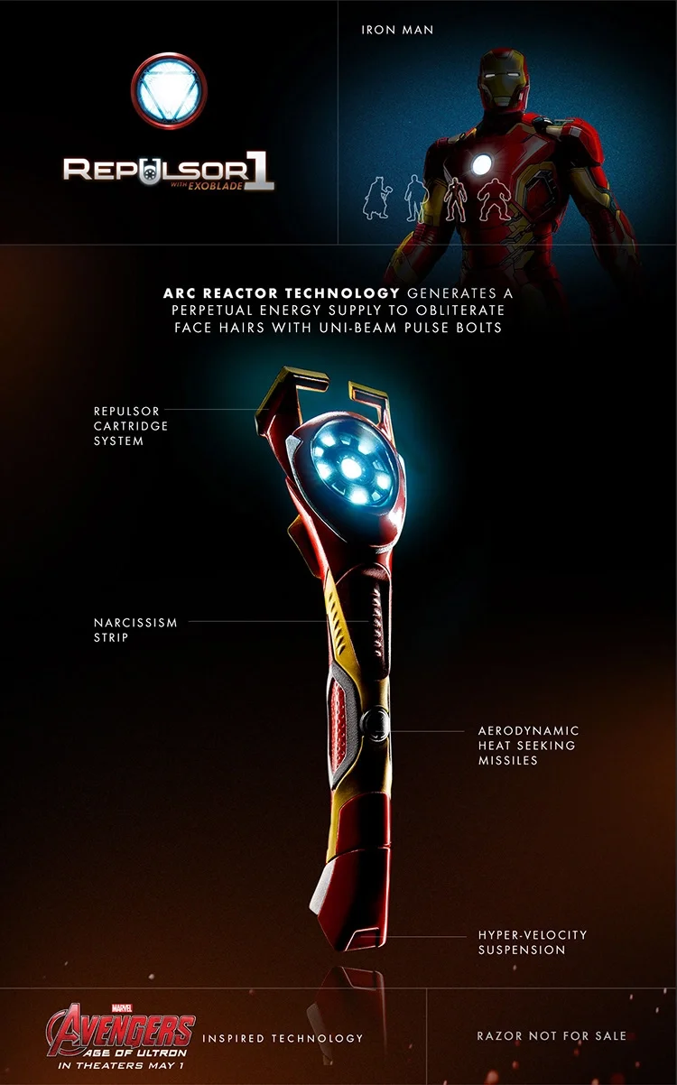 Iron Man – Gillette Repulsor1
Gillette entertainment partnership digital ad for Avengers: Age of Ultron featuring Iron Man-inspired Repulsor1 razor with arc reactor technology and repulsor cartridge system.