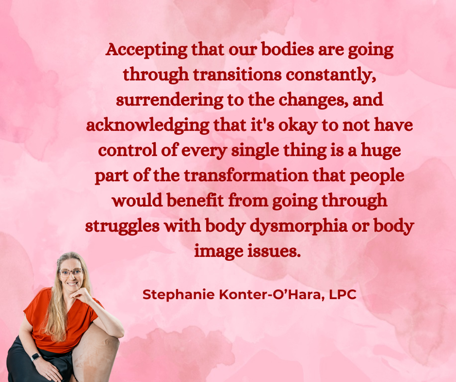 A pink watercolor background with a quote about body acceptance in bold red text. An image of a smiling woman with long blonde hair, wearing glasses, an orange top, and black pants, sitting on a beige chair in the bottom left corner.