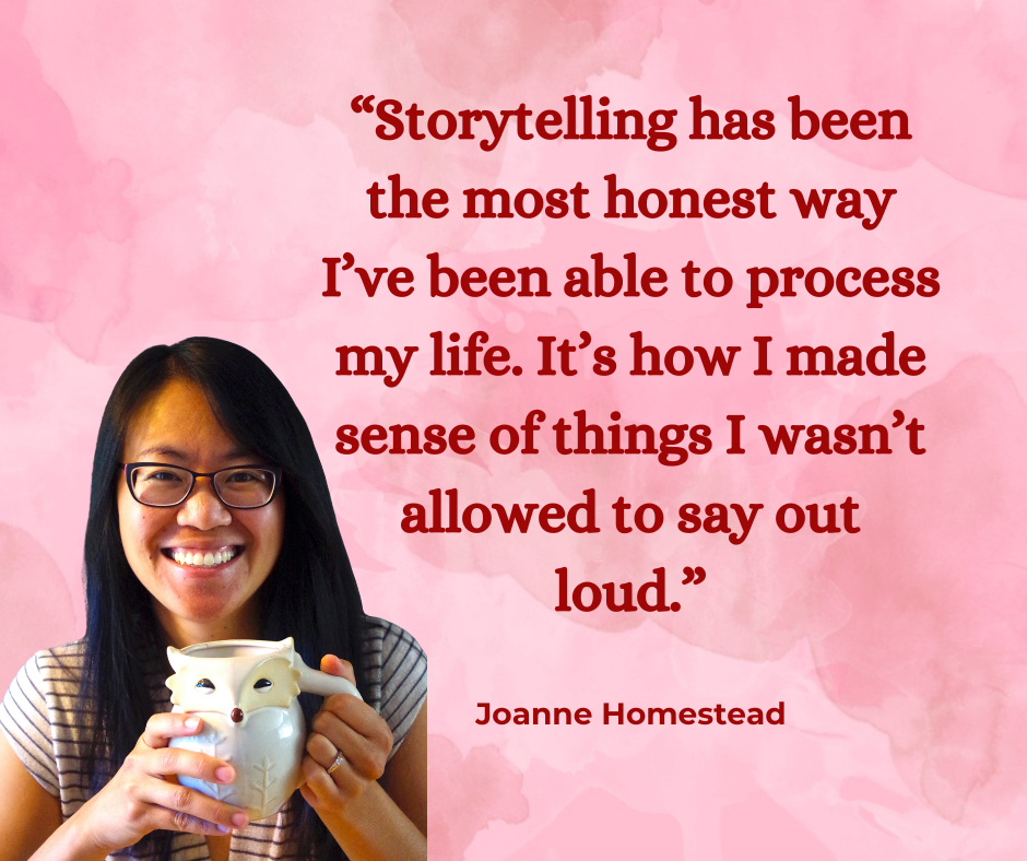 A woman with glasses and long dark hair is smiling and holding a white owl-shaped mug. The background is pink with watercolor textures, and there is a quote by Joanne Homestead about storytelling on the right side of the image.