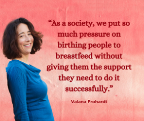A woman with shoulder-length dark hair wearing a blue top, standing next to a quote about society and support for childbirth, set against a pinkish background.