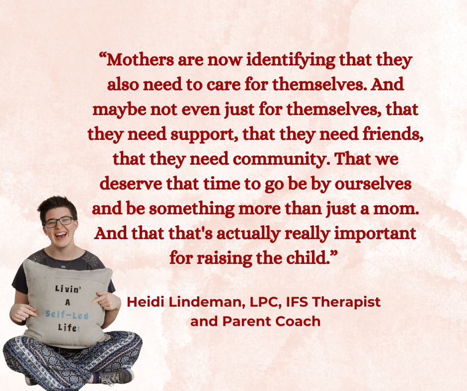 A woman holding a pillow with the words "Living A Self-Led Life" printed on it, smiling with glasses, sitting cross-legged against a pink textured background, accompanied by a quote emphasizing the importance of self-care for mothers.