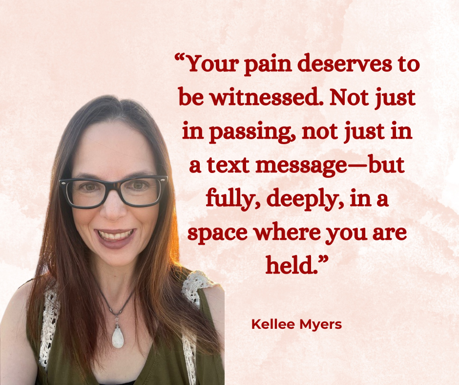 A woman with long brown hair, glasses, and a necklace, smiling, positioned next to a quote about the importance of witnessing one's pain deeply and fully.