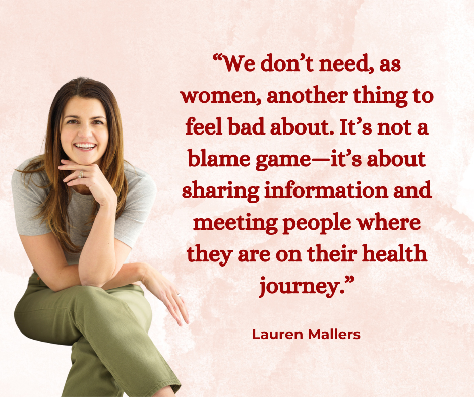 A woman with long brown hair, wearing a light gray shirt and olive green pants, sitting with her legs crossed, smiling with her left hand resting on her chin. To the right, there is a quote in red text: "We don’t need, as women, another thing to feel