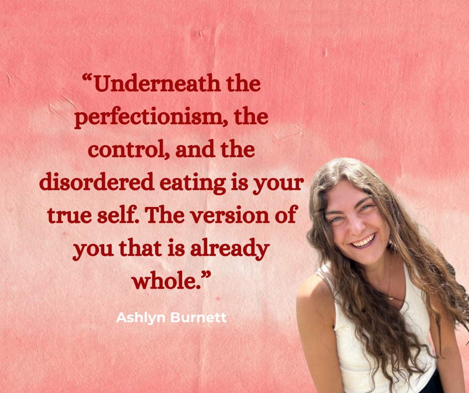 A young woman with long curly hair smiling, wearing a white top, against a pink textured background with a quote in red text about perfectionism and self-acceptance by Ashlyn Burnett.