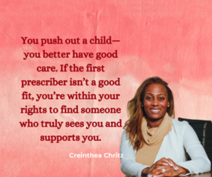 A woman with a smile wearing a beige scarf and white blazer sitting at a desk, next to a pink background with red text about child care and support.