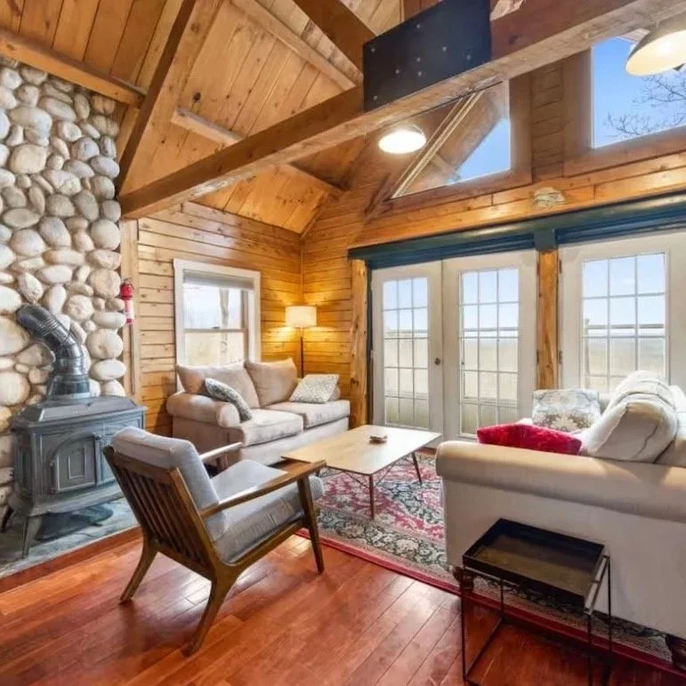 Cozy living room with wooden walls and ceiling, stone fireplace, large windows and glass doors, beige sofa, armchair, coffee table, patterned rug, and floor lamp.
