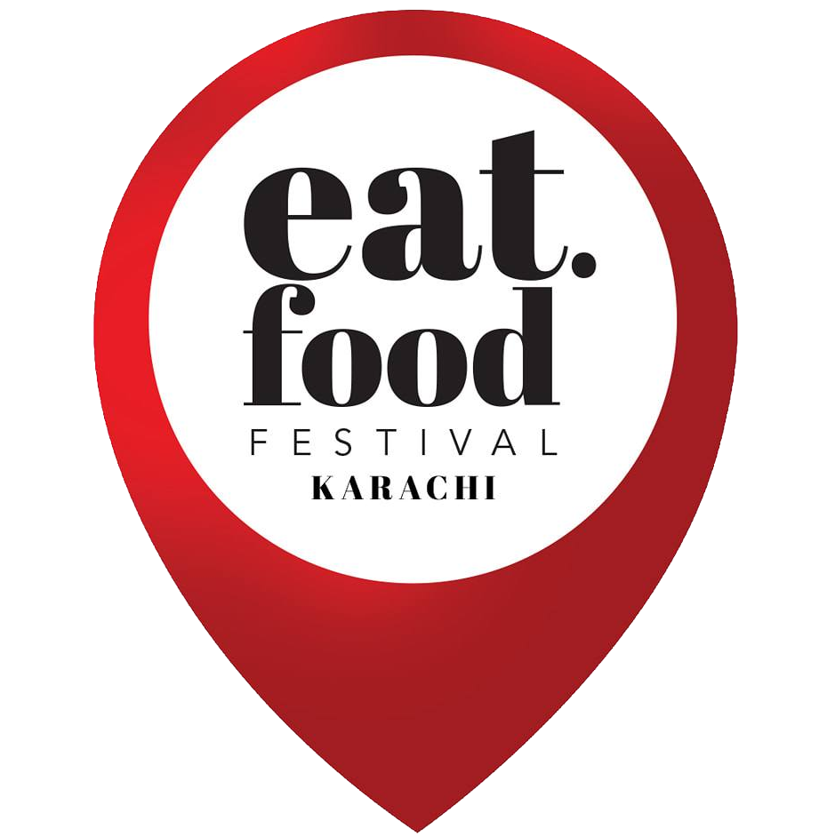 Logo for eat. food festival in Karachi, featuring a red location marker with white circle background and bold black text.