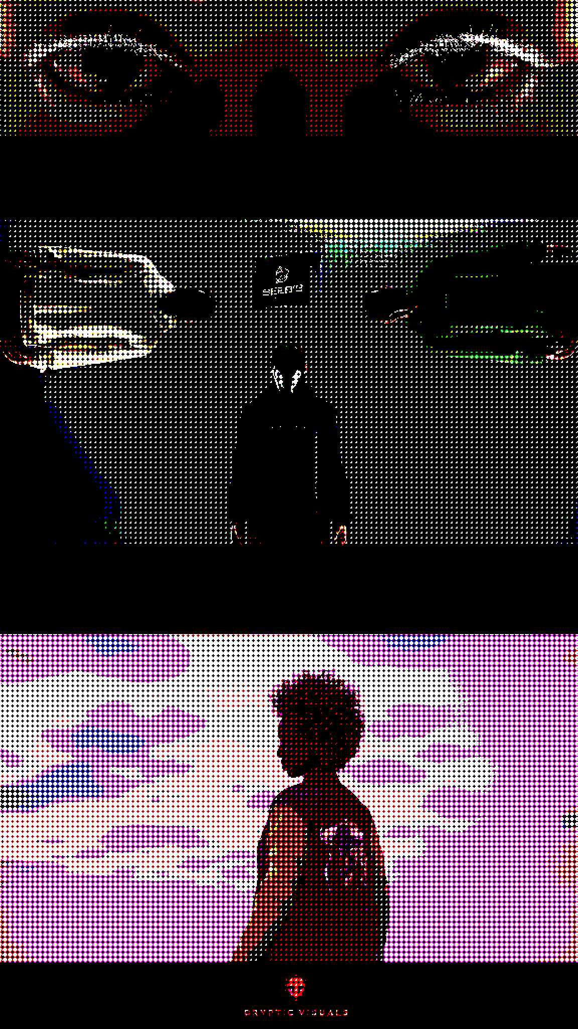 Collage of three images, top shows close-up of a person's eyes with graffiti-style art, middle depicts a person standing between two cars with a downtown city background at night, bottom features a profile silhouette of a person against a pastel sky with clouds.