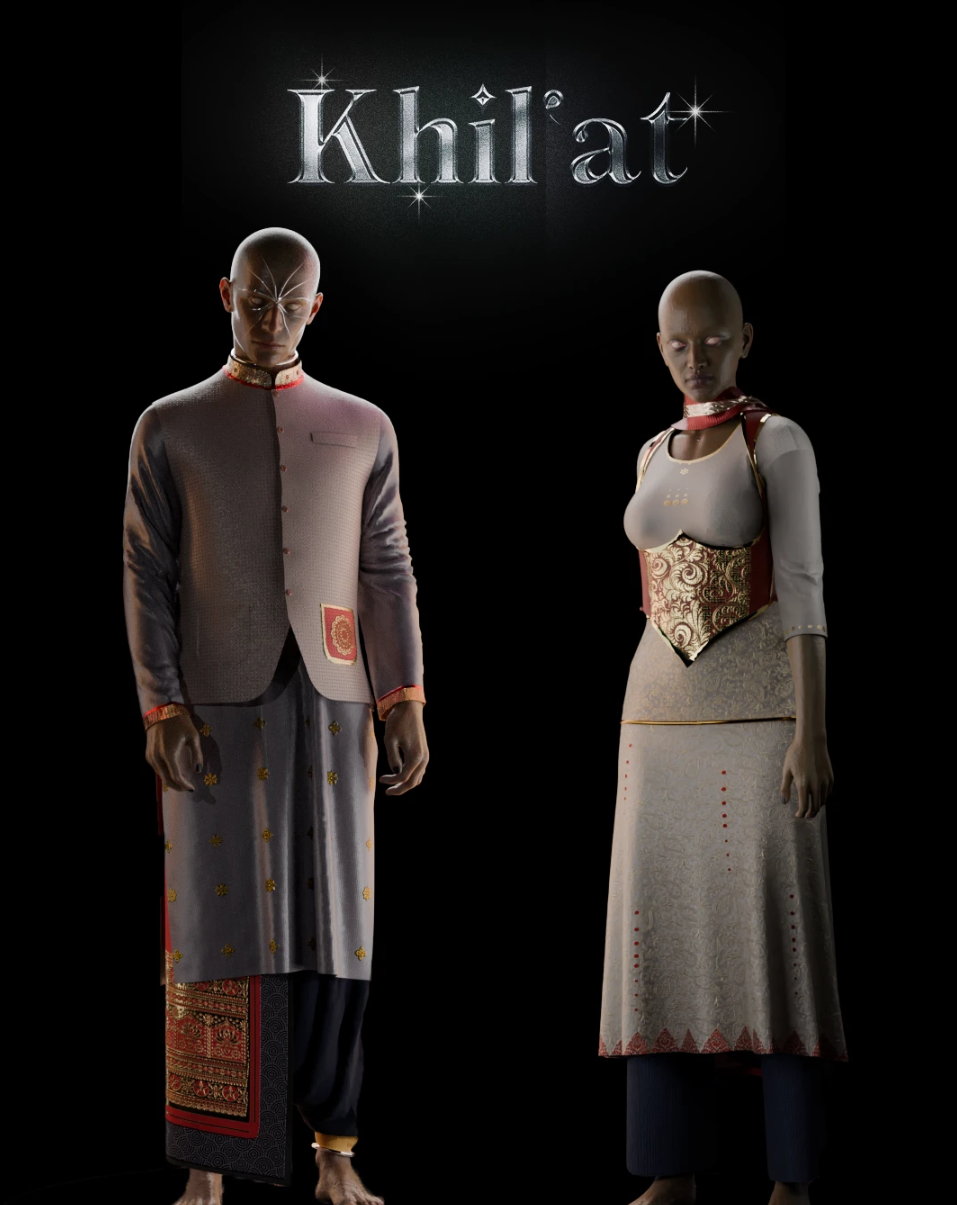 Two mannequins dressed in traditional Indian-inspired clothing, standing under the word "Khilat" written in stylized metallic letters with star-like sparkles on a black background.