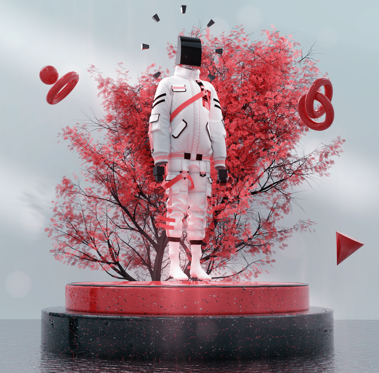 A humanoid figure with a black rectangular head, dressed in a white futuristic suit, stands on a red platform in front of a pink-leaved tree. Floating around are red geometric shapes, including rings and triangles.