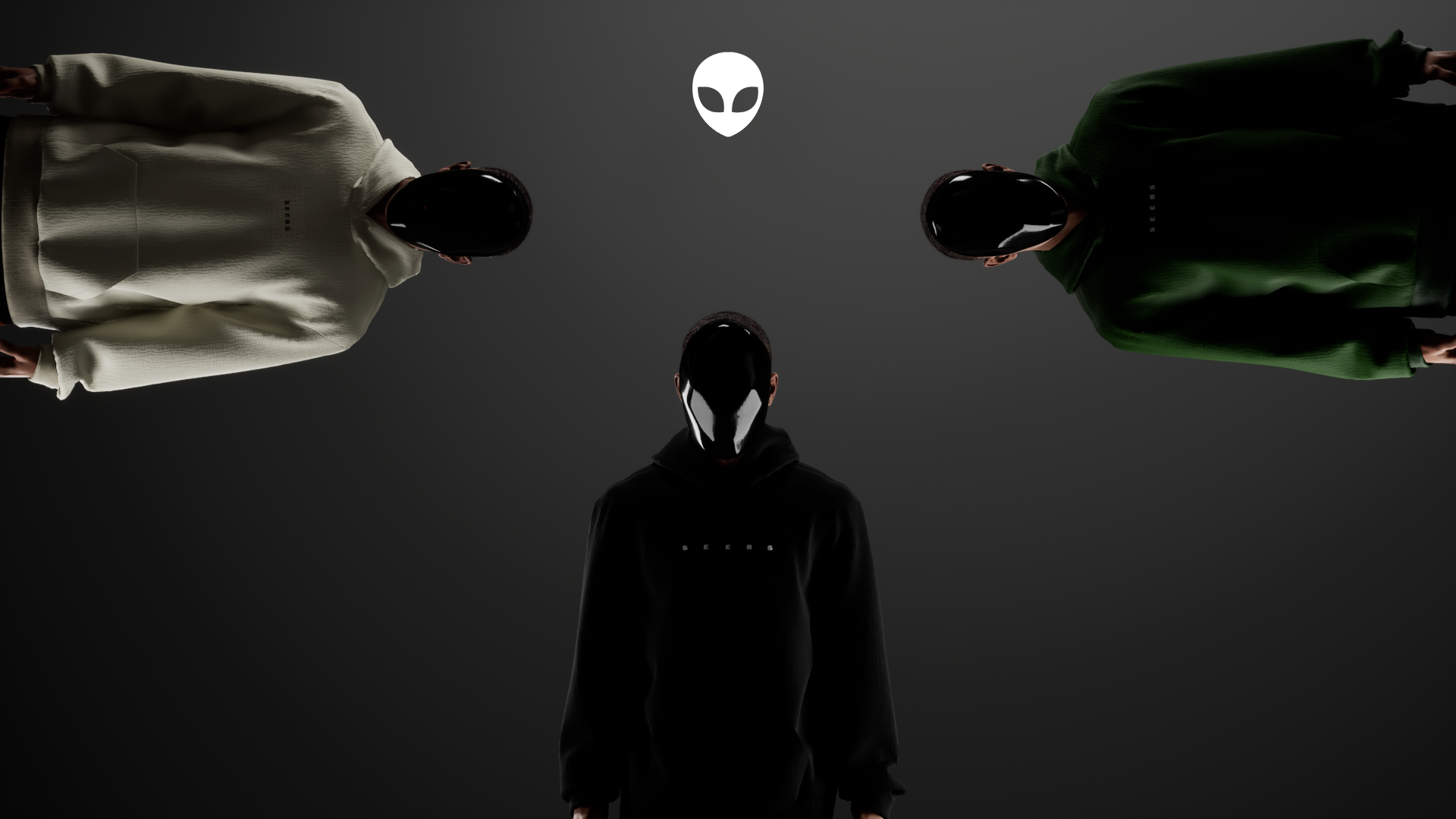 Three individuals wearing black, white, and green hoodies with reflective masks standing against a dark background, with a white alien face logo above them.