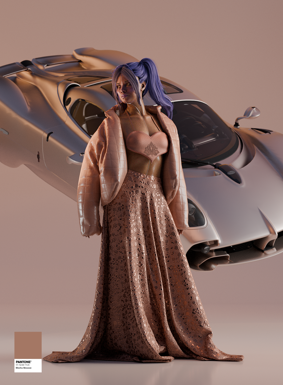 A woman with purple hair in a ponytail stands in front of a silver sports car, wearing a pink quilted jacket, a pink strapless top, and a flowing, intricately patterned bronze skirt.