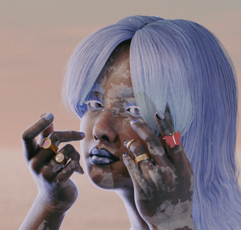 A digital artwork of a woman with light purple hair, dark skin, and multiple rings on her fingers, with her eyes glowing white and making a gesture near her face.