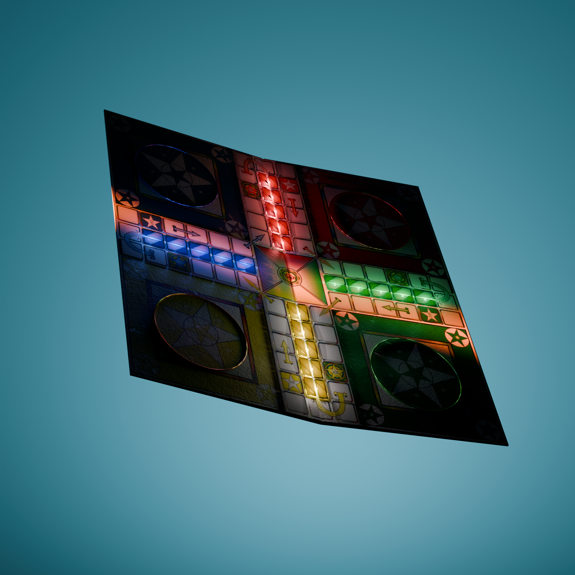 Colorful illuminated board game with four circular sections and a central track of square tiles, set against a blue background.