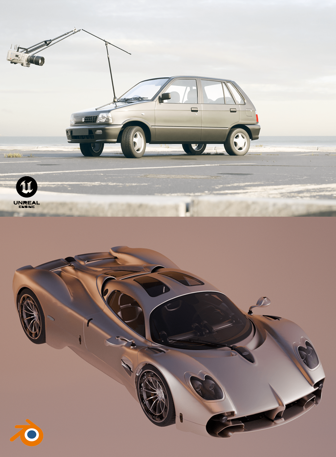 Comparison of a small, beige, older model hatchback car on a parking lot with a modern, silver sports car with a sleek design. The top image shows the hatchback with a camera rig mounted above it, while the bottom image displays a 3D rendering of the