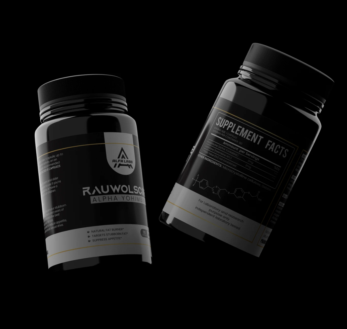 Two black bottles of supplement pills against a black background, one labeled 'RAUWOLSCI ALPHA YOHIMBI' and the other labeled 'SUPPLEMENT FACTS' with chemical structure details.