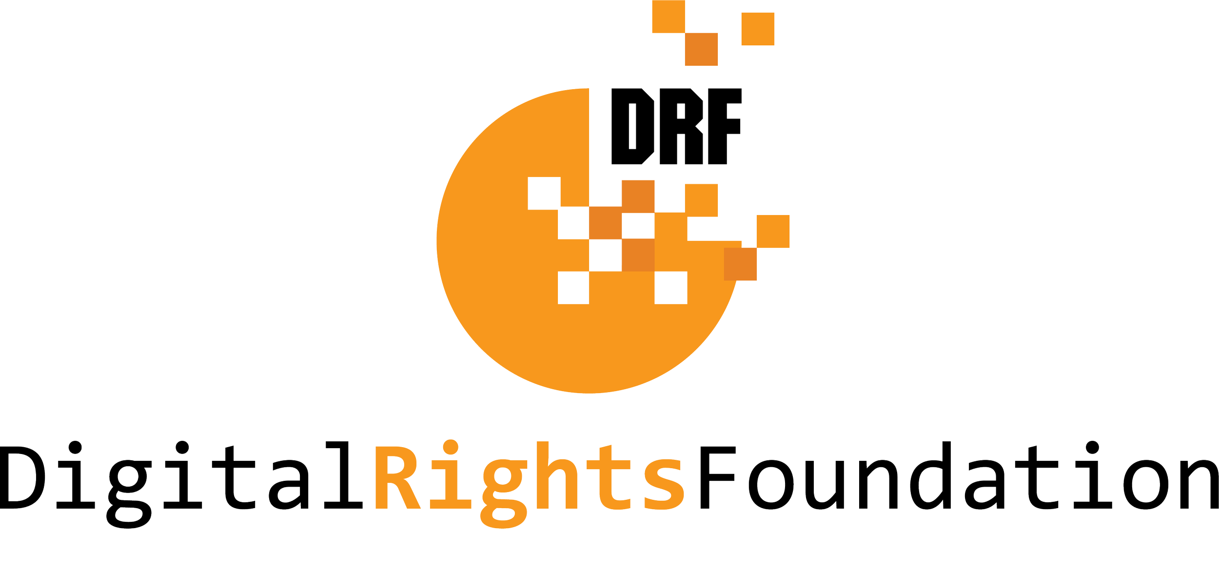 Logo for Digital Rights Foundation featuring an orange circle with digital pixel elements and text 'DRF' and 'Digital Rights Foundation' with emphasis on the words 'Rights' in orange.