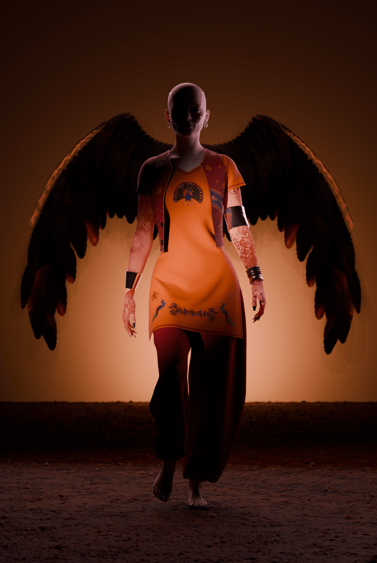 A person with large black wings, dressed in a bright orange dress with traditional Asian patterns, standing on a dark, textured surface with a warm, glowing background.
