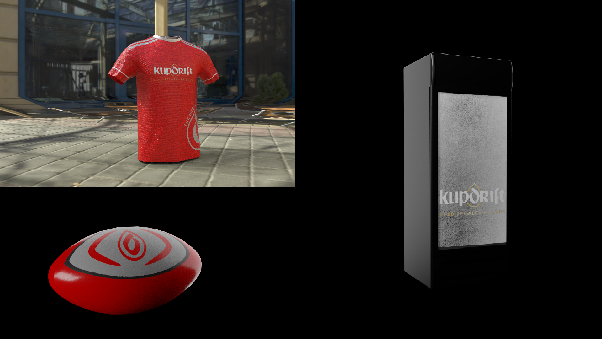 A digital rendering of a red T-shirt with the logo 'Klipörift' and a red and white beanie with the same logo displayed on a black background.